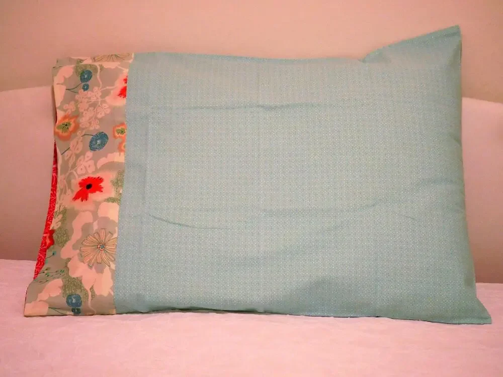 Handmade Aqua Pillowcase, Floral Print Border Standard Size